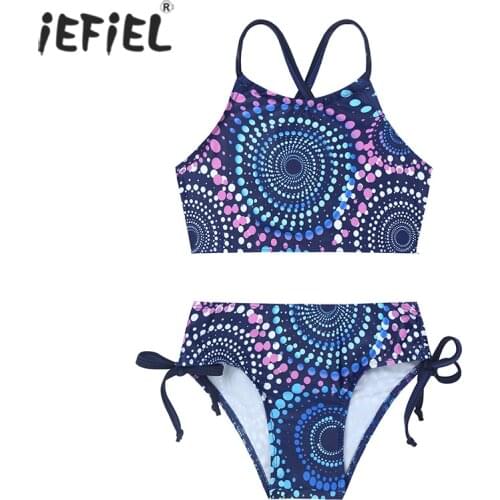 2Pcs Kids Girl Halter Tankini High Waist Polka Dots Printed Swimming Bikini Costume Swimwear Swimsuit Bathing Suit Beachwear