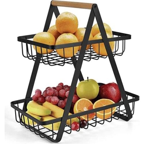 Kitchen Detachable Fruit Basket Holder With Portable Wooden Handle Double Layers Large Capacity Kitchen Accessories Fruit Basket