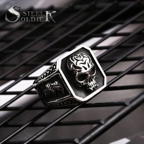 Steel soldier flower skull ring for men stainless steel punk biker personality jewelry for gift