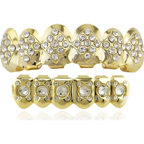 Hip Hop Tooth Grillz Set Fake Tooth Cap Top & Bottom Grill for Halloween Cool Body Jewelry Rhinestone Inlay Custom Teeth Bijoux