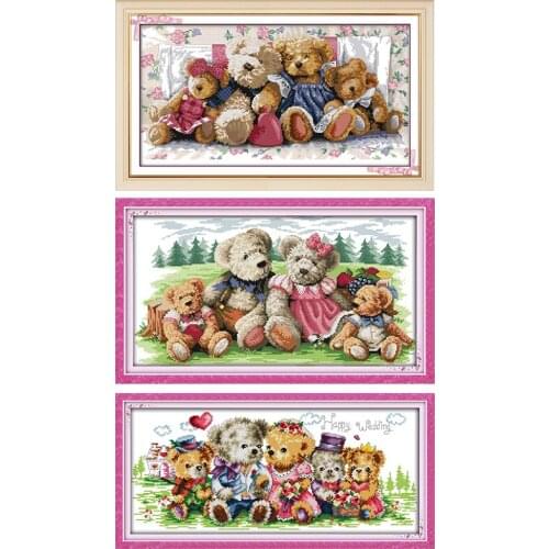 Joy Sunday Bears Family Cross Stitch Kit Cartoon Series Pattern DMC14CT Chinese Embroidery Counted Needlework Set Fabric Printed