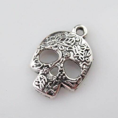 New 18Pcs Tibetan Silver Color Halloween Flower Skull Charms Pendants 16x23.5mm
