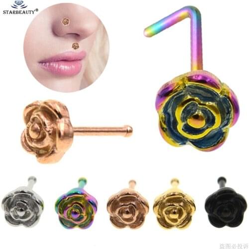 Only 1pc/lot Thin 0.8x7mm I L Shape Rose Gold Nose Ring Stud Nose Piercing Nariz Labret Lip Ring Helix Piercing Tragus Pircing