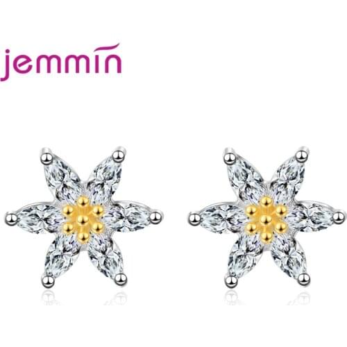Luxury Women 925 Sterling Silver Flower Cubic Zircon Stud Earrings Korean Simple Design Ear Jewelry Easy Wear Lovely Brinco
