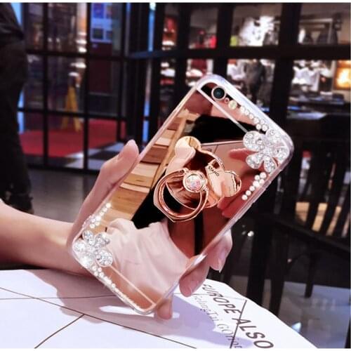 Luxury Soft Crystal Rhinestone Glitter Mirror Case With Bear Ear Holders Stand For SamsungS5 S6 S7 S8 S9 S10 Plus Lite Note5 8 9