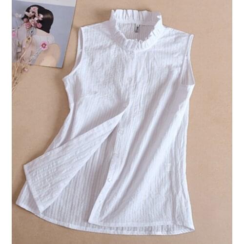 Summer Spring Slim shirt Womens bottoming Korean Striped ornament fake collar ladies wild sleeveless shirt Fungus lace trim