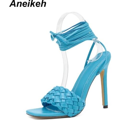 Aneikeh Summer Women Shoes Sandals Cross-Strap Woven fabric PU Rome Thin Heels Lace-Up Ankle Strap Party Square Toe Blue 35~42