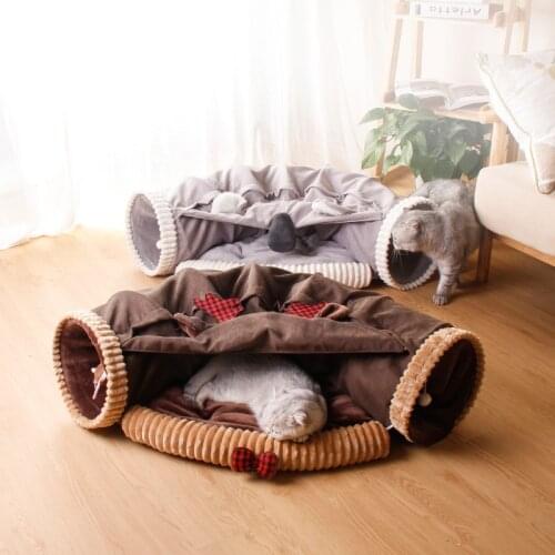 Cats Tunnel Tube Cat Tunnel Toy Play Center Collapsible Cat Tube and Removable Thick Bed 2 in 1 Cat Tunnel Bed with Cushion Mat