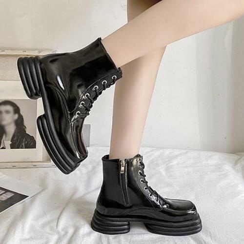 2021 Black Fashion Ankle Boots British Style For Girls Dress All-Match Handsome Female Square Toe Lace Up Platform Booties