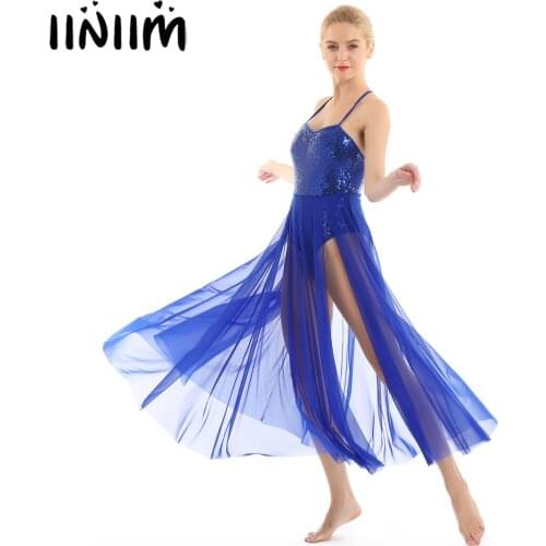 Iiniim Women Adult Ballet Costume Spaghetti Strap Glitter Reflective Gymnastics Leotard Dress for Adult Lyrical Dance Dress