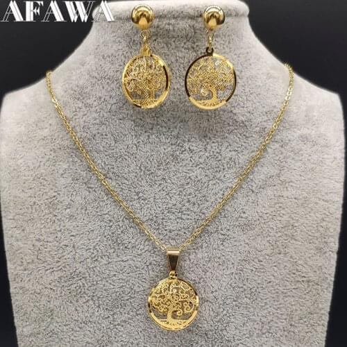 Tree of Life Stainless Steel Jewellery Set Women Gold Color Earring and Necklace Sets jewelry joyeria acero inoxidable S1343S01