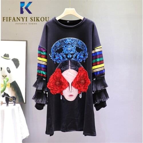 2020 Autumn Women Black Sweatshirt Dress Fashion Spliced Sequins Long Sleeve Mid Long Dress Female Streetwear Loose Print Dress