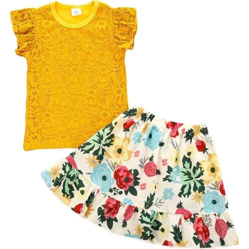 2021 0-7Y Fashion Kids Baby Girl Clothing Yellow Flower Lace Short Sleeve Blouse Top+Floral Pleated Skirt Summer 2pcs Outfits