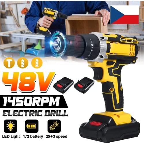 48V Cordless Drill Electric Screwdriver Drill 25+3 Torque Dual Speed Electric Hammer Impact Drill With 2Pcs Lithium-Ion Battery