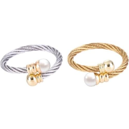 Chran Perfect Round Shell Pearl Band Rings for Women Fashion Silver Plated Stainless Steel Cable Couple Rings