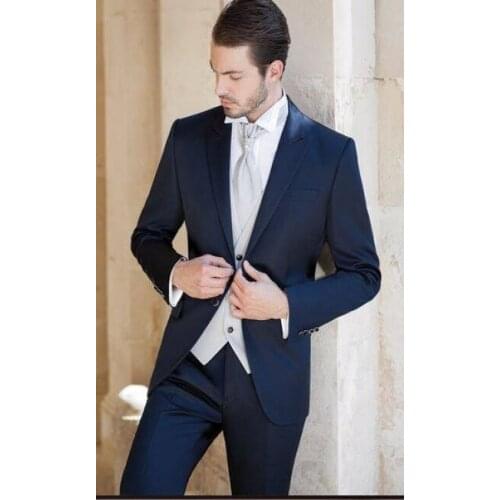 Custom Made Groom Tuxedo Navy Blue Groomsmen Peak Lapel Wedding/Dinner Suits Best Man Bridegroom (Jacket+Pants+Tie+Vest)B427