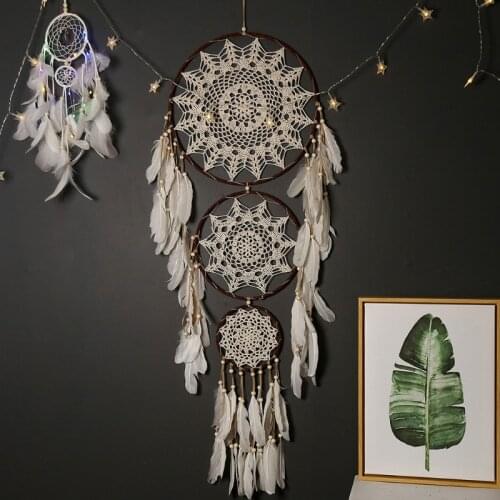 X7XD 3 Circles Ring Dream Catcher with Feather Traditional Handicrafts Wall Hanging Car Ornament for Kids Nursery Home