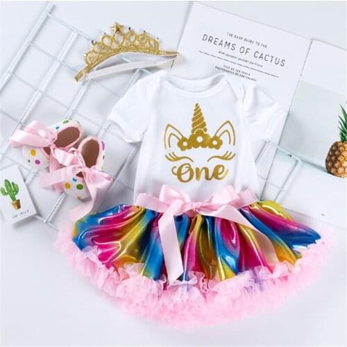 2021 Summer 0-2 Year Old Newborn Baby birthday set Print Romper + Rainbow Skirt Skirt Set + Shoes + Four-Piece Crown Or Headband
