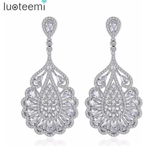 LUOTEEMI New Big Long Elegant Flower Shape Clear Shiny Drop Earrings Micro Paved CZ Fit For Young And Maturity Female Both