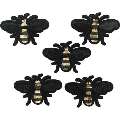 Small Black and Gold Sequins Bee Patches for Clothes Jacket bags Ladybug Insect Embroidery Applique badge iron on 5pcs