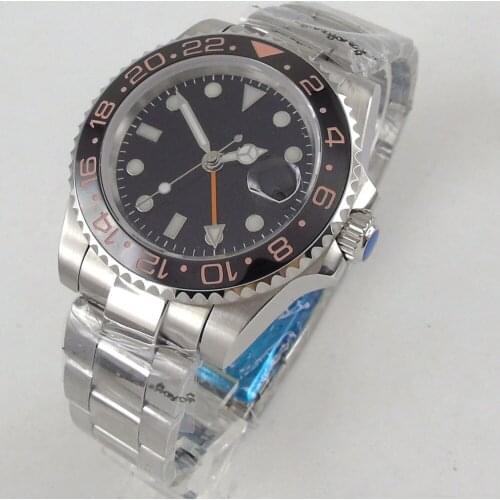 40mm Automatic Men Watch Ceramic Bezel Brushed Oyster Strap GMT Sapphire Glass Screwdown Crown