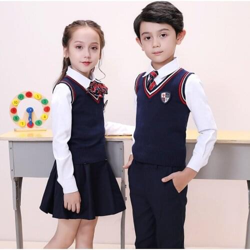New 4 Pieces Kindergarten Uniform Autumn Winter Costume College Spring Sweater Fashion Unisex V-neck Vest Plus Size 3-14 year