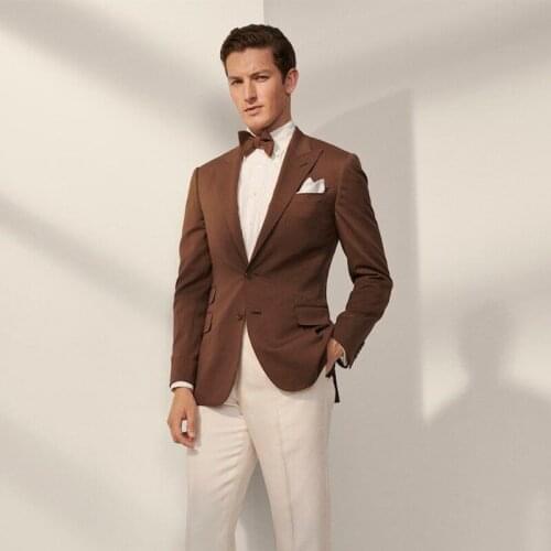 ANNIEBRITNEY Browm Slim Fit Wool Men Suit With Ivory Pants 2020 New Groom Wedding Tuxedo Fashion Skinny Prom Wedding Men Suit