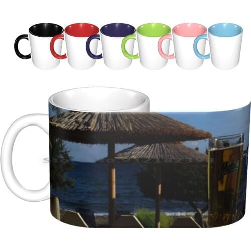 Beach Umbrellas & Mythos Beer Ceramic Mugs Coffee Cups Milk Tea Mug Umbrella Beach Bar Mythos Lager Beer Sea Greece Zaknythos