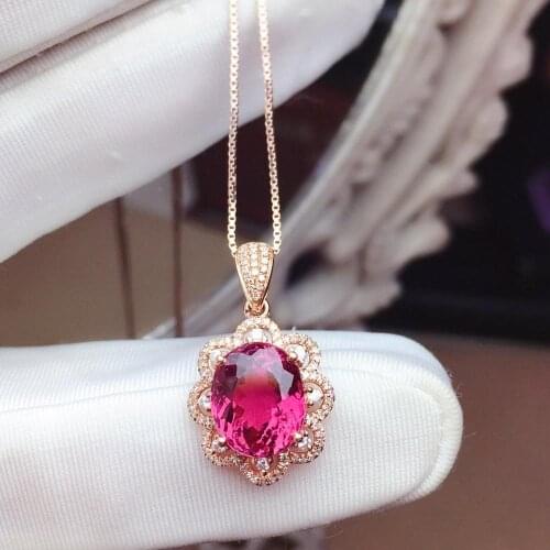 Z625 Rubillite Tourmaline Pendant Real 18K Gold 100% Natural Rubillite Tourmaline 4.26ct Gemstones Diamond Pendant Necklace