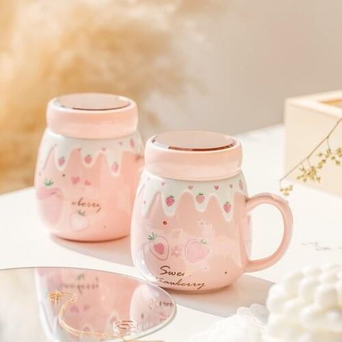Portable Lovely Ceramic Mug Cover With Mirror Household Large Capacity Drinking Cup Tea Mug Children Strawberry Office Drinkware