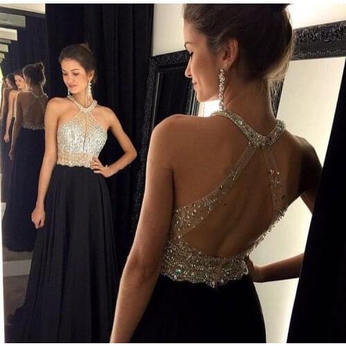 2020 Sexy A-Line Halter Black Prom Dresses Fashion Off Shoulder Chiffon Beaded Crystal Long Formal Party Gowns
