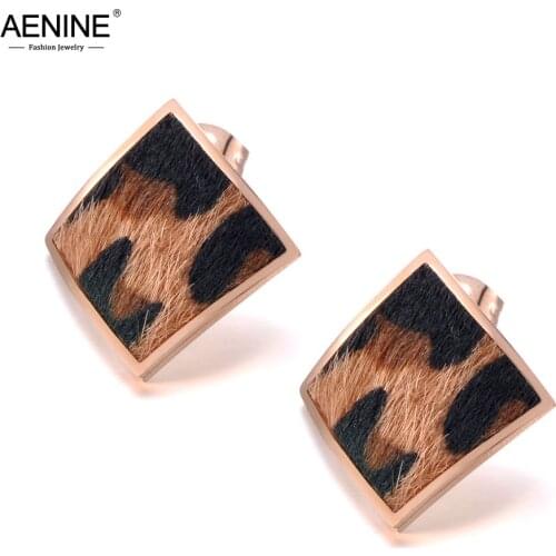 AENINE Hiphop/Rock Stainless Steel Leopard Leather Geometry Earrings Rose Gold Vintage Square Earrings For Women Girls AE19307