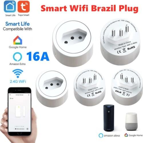 Tuya 16A Brazil Standard WiFi Smart Plug with Power Monitor Smart Life APP Smart Socket Voice Work for Google Home Alexa Xiaodu