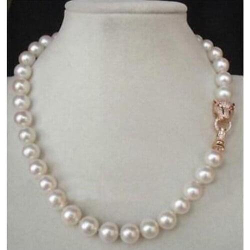 18" AA++ 10-9MM GENUINE WHITE AKOYA PEARL NECKLACE LEOPARD HEAD CLASP