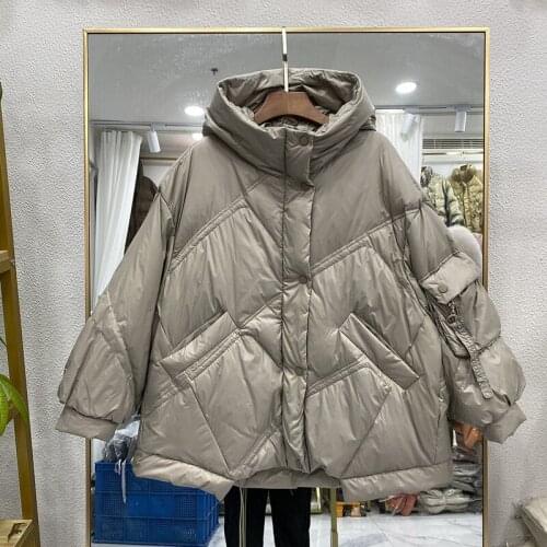 Korean Women Hooded Light Grey Puffer Jacket Casual Loose Drawstring Short Long Sleeve White Duck Down Coat Winter Female Parkas