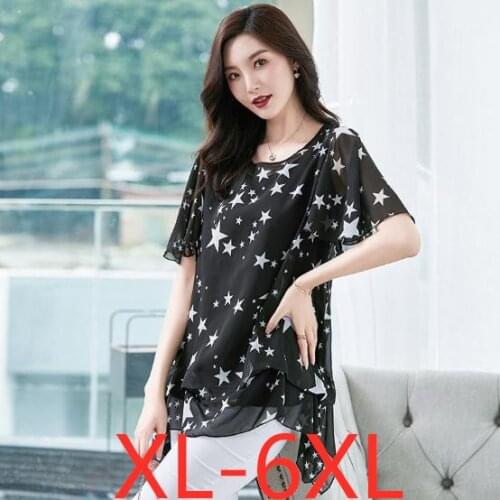 New summer plus size tops for women casual loose large size womens short sleeve floral chiffon shirt black 3XL 4XL 5XL 6XL