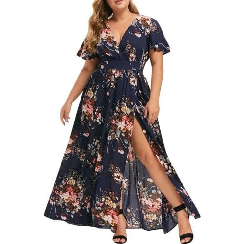 Women V-Nect Fat waist Printed Hem Slit Dress Female Casual Sundresses Dresses Plus Size