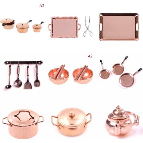 1:12 Scale Dollhouse Miniature Rose Gold Color Frying Pan Cooking Pot Kettle Cookware Kitchen Cooking Kit Dolls Accessories