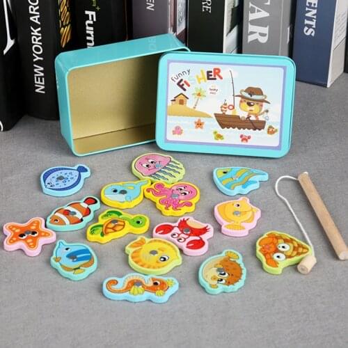 15Pcs Wooden Magnetic Fishing Toy Set Baby Educational Toys Fish Game Educational Fishing Toy