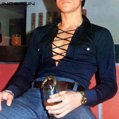 2021 Fashion V Neck Men Shirts Man Casual Solid Color Blouse Pocket Sexy Nightclub Tops INCERUN Long Sleeve Lace Up Camisa S-5XL