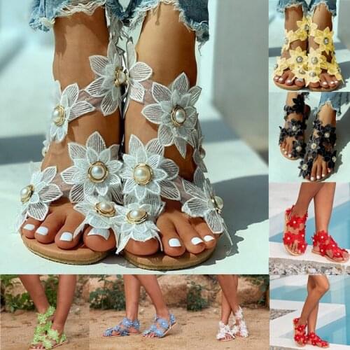 Bohemian Sandals Womens Summer Footwear Fashion Casual Floral Pearl Flat Sandals Toe Ring Beach Shoes Sandal Zapatos De Mujer