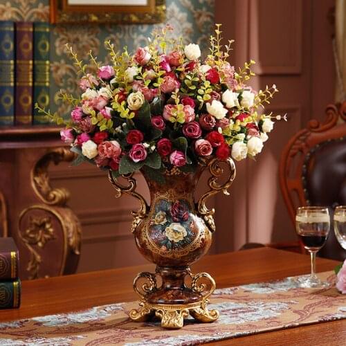 European Resin Vase+Artificial Flower Set Decor Home Office Furnishing Decoration Crafts Livingroom Silk Fake Flower Pot Artwork