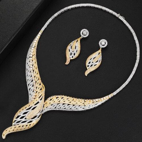 GODKI Luxury Lily Flower Cluster Floral 2 Tone Women Wedding Cubic Zirconia Statement Necklace Earring Bangle Ring Jewelry Set