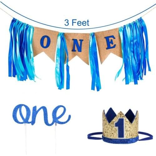 Baby Shower Blue Photo Frame Crown Hat Banner Garlands for Kids Baby Boy One Year Old 1st Birthday Party Decoration Supplies