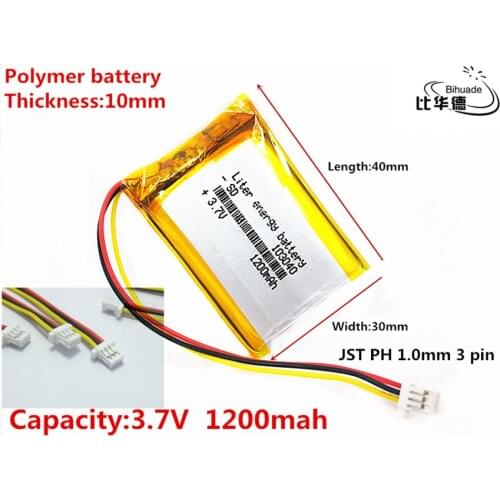 JST PH 1.0mm 3 pin Liter energy battery 3.7V,1200mAH 103040 Polymer lithium ion / Li-ion battery for tablet pc BANK,GPS,mp3,mp4