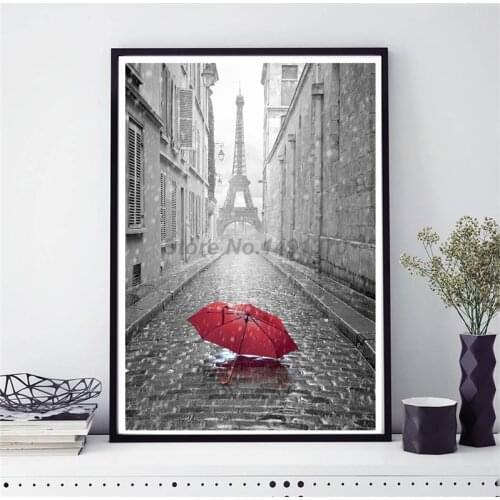 Red Umbrella In The Rain Poster Before Paris Torre Eiffeles Tower Landscape Scene Paintings On Canvas Modern Wall Art Decorative