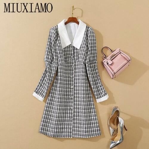 MIUXIMAO High Quality 2020 Fall Dress Newest Long Sleeve Tweed Elegant Slim Casual Dress Women Vestidos
