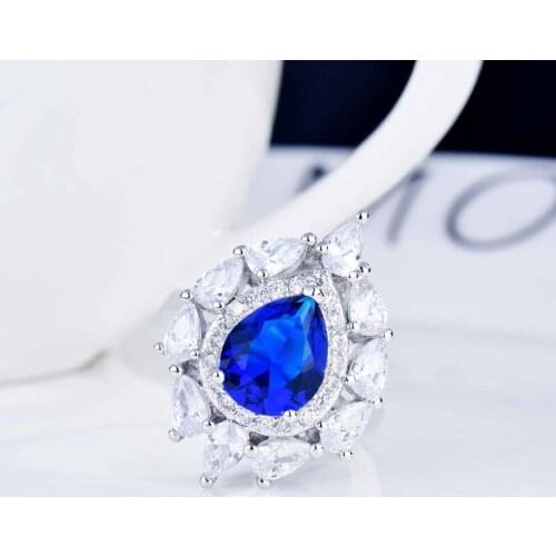 Fashion Exquisite Jewelry Inlay Blue Water Drop Cubic Zirconia Charm Simplicity Adjustable Eternity Wedding Ring For Women