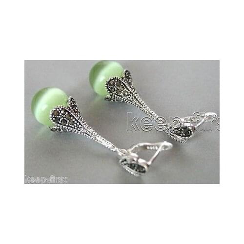 Fashion 925 Sterling Silver Marcasite Inlay Cat Eye / Opal Round Drop Earrings
