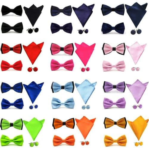 Mens Solid Stain Pre-tied Tuxedo Bow Tie Cufflinks Pocket Square Hanky Set BWSET0304